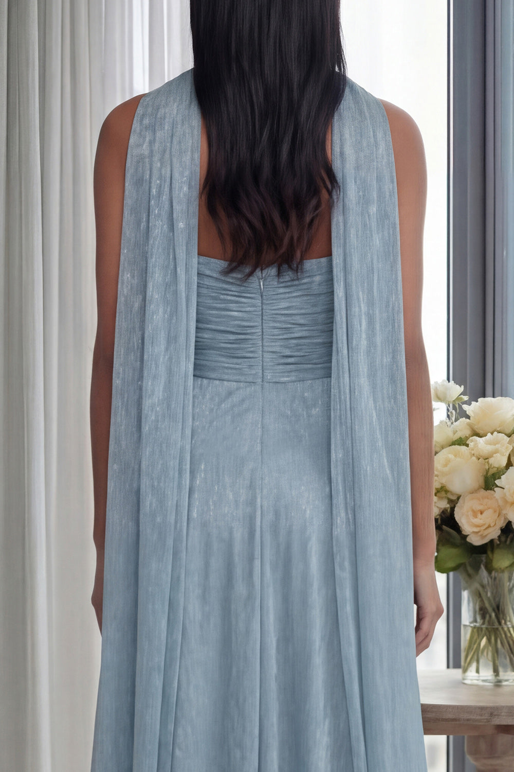 Glitter Sky Blue A Line Neck Scarf Sweetheart Long Formal Dress with Ruffles