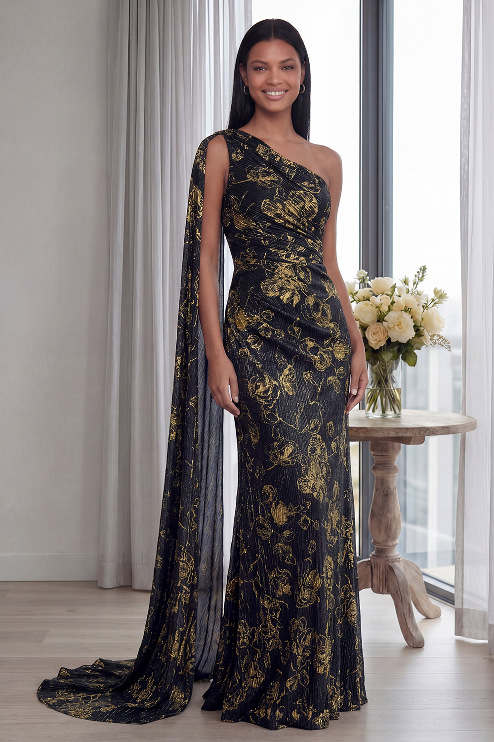 Elegant Navy Mermaid One Shoulder Long Formal Dress with Side Cape