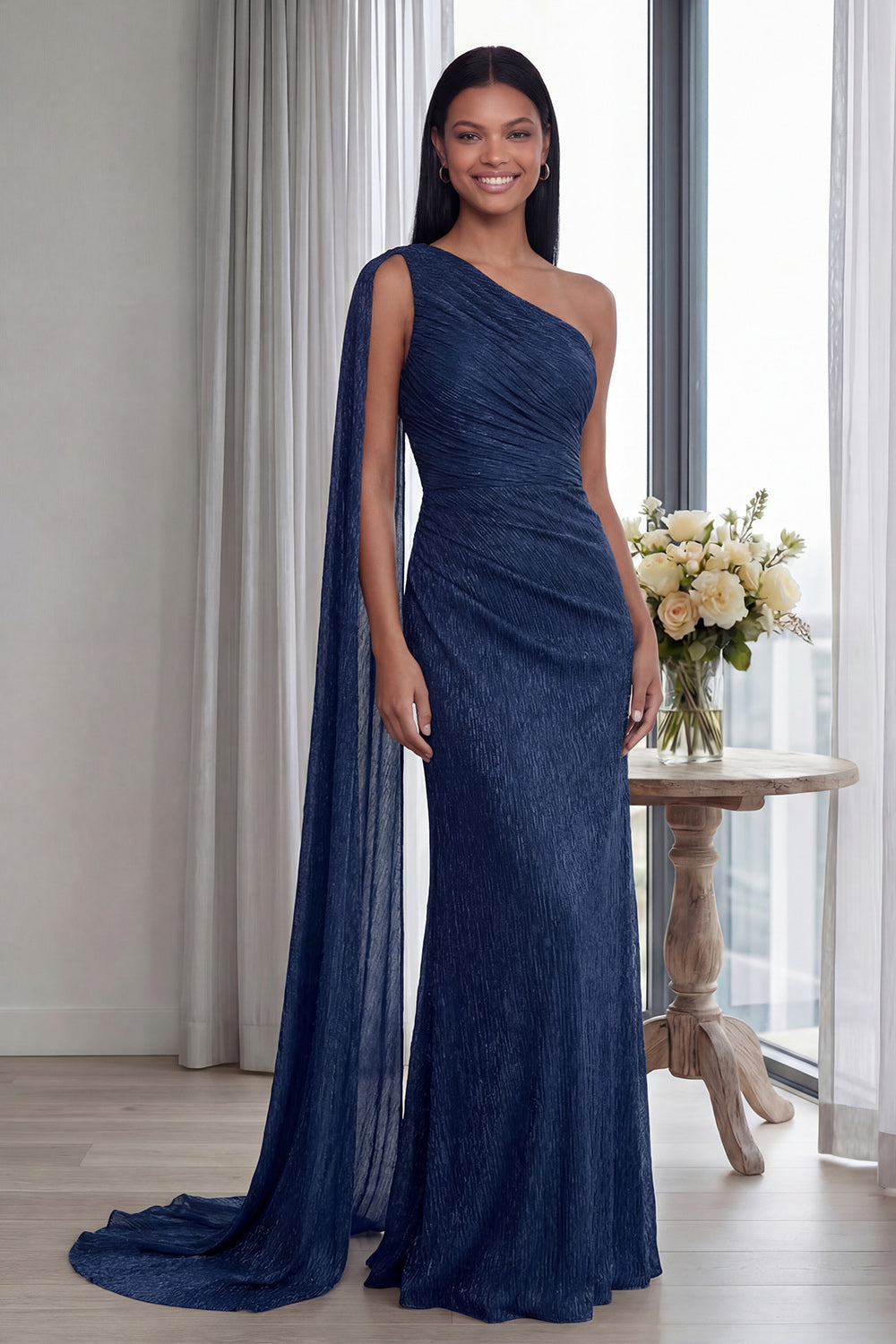 Elegant Navy Mermaid One Shoulder Long Formal Dress with Side Cape
