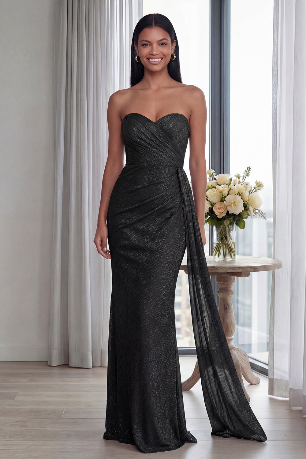 Black Mermaid Sweetheart Ruched Long Formal Dress with Streamer