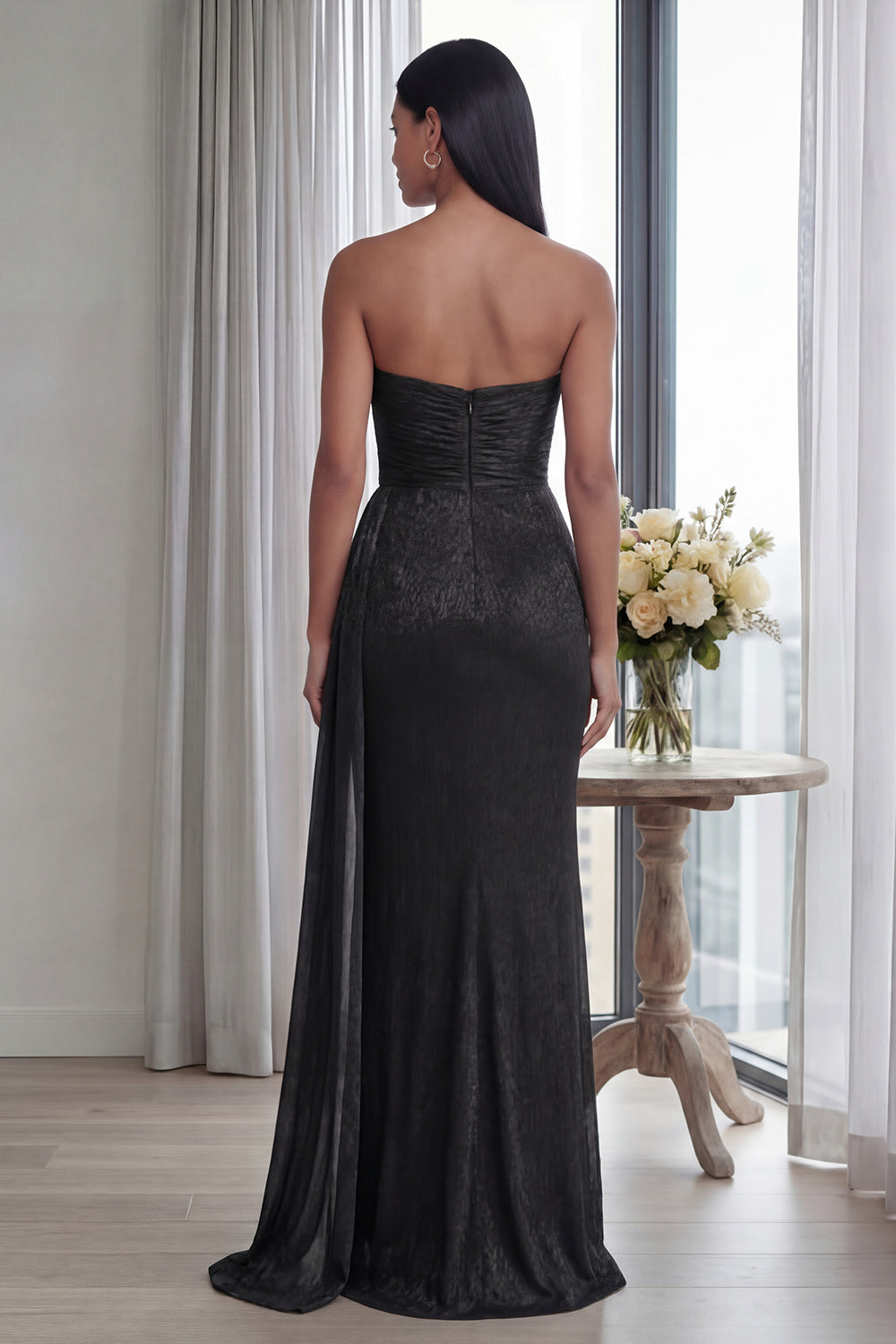 Black Mermaid Sweetheart Ruched Long Formal Dress with Streamer