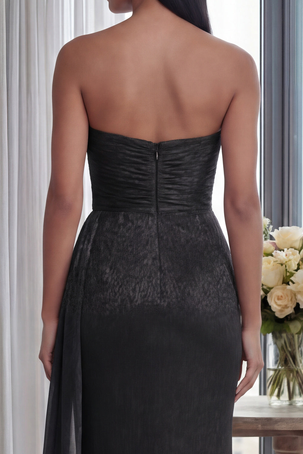 Black Mermaid Sweetheart Ruched Long Formal Dress with Streamer