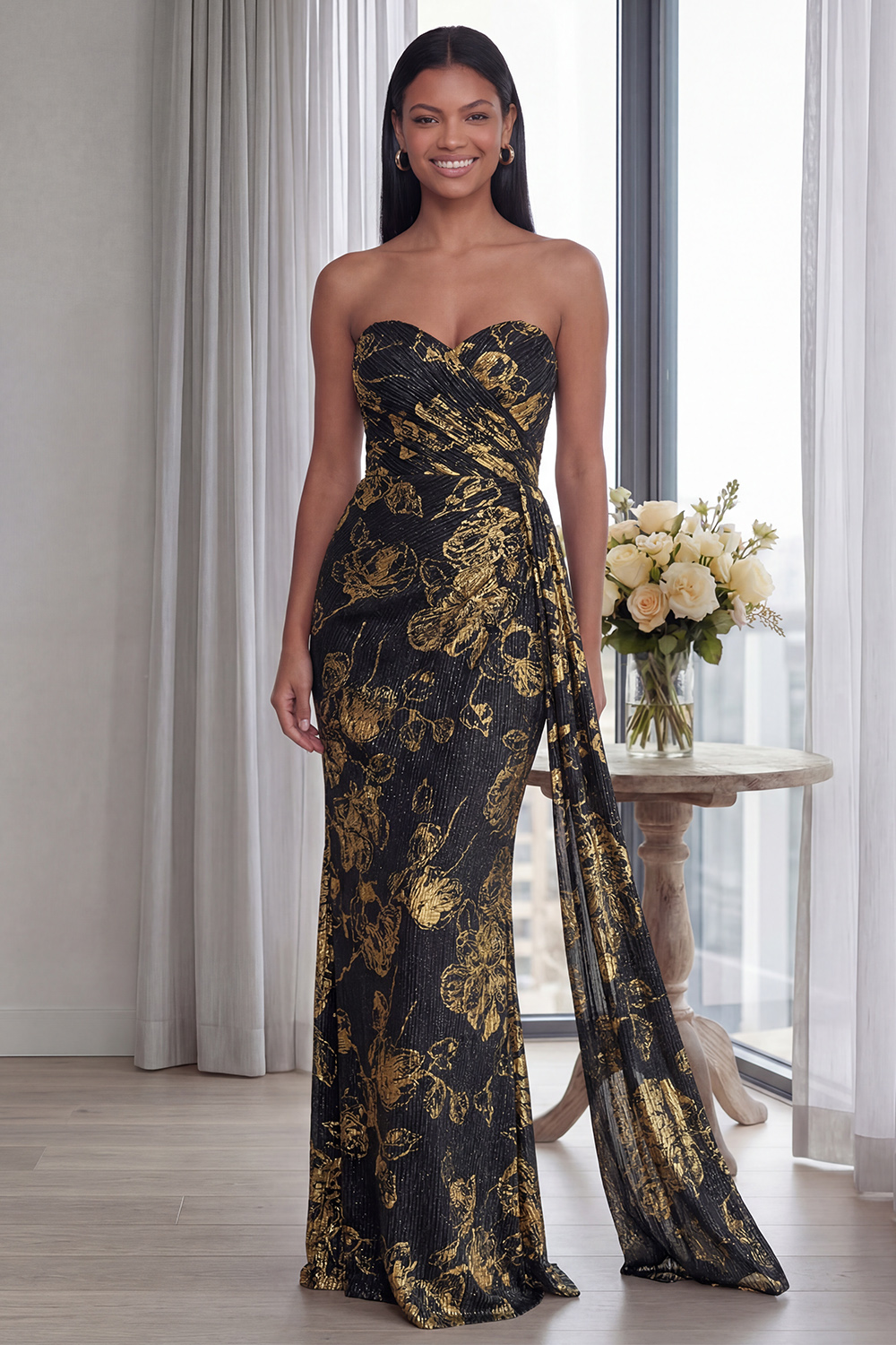 Black Mermaid Sweetheart Ruched Long Formal Dress with Streamer