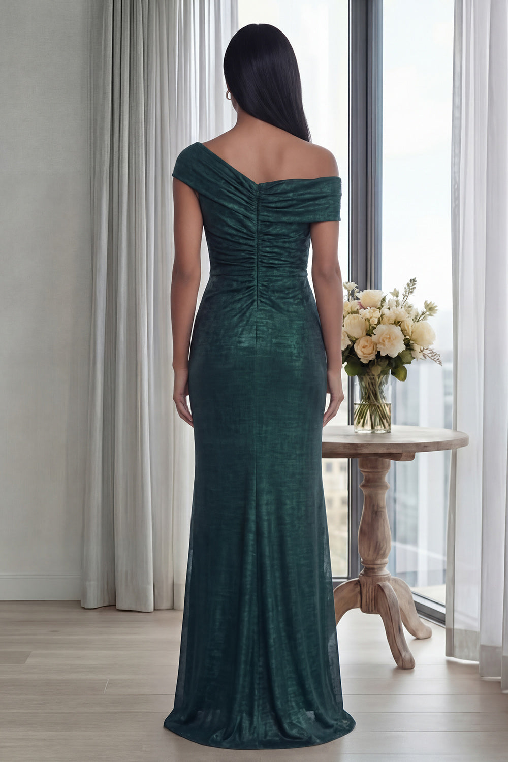 Sparkly Dark Green Mermaid Ruched Long Formal Dress