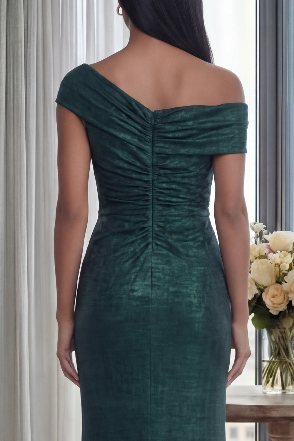 Sparkly Dark Green Mermaid Ruched Long Formal Dress