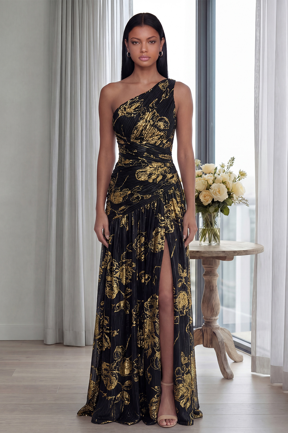 Sparkly Gold One Shoulder Pleated Long Formal Dress with Slit