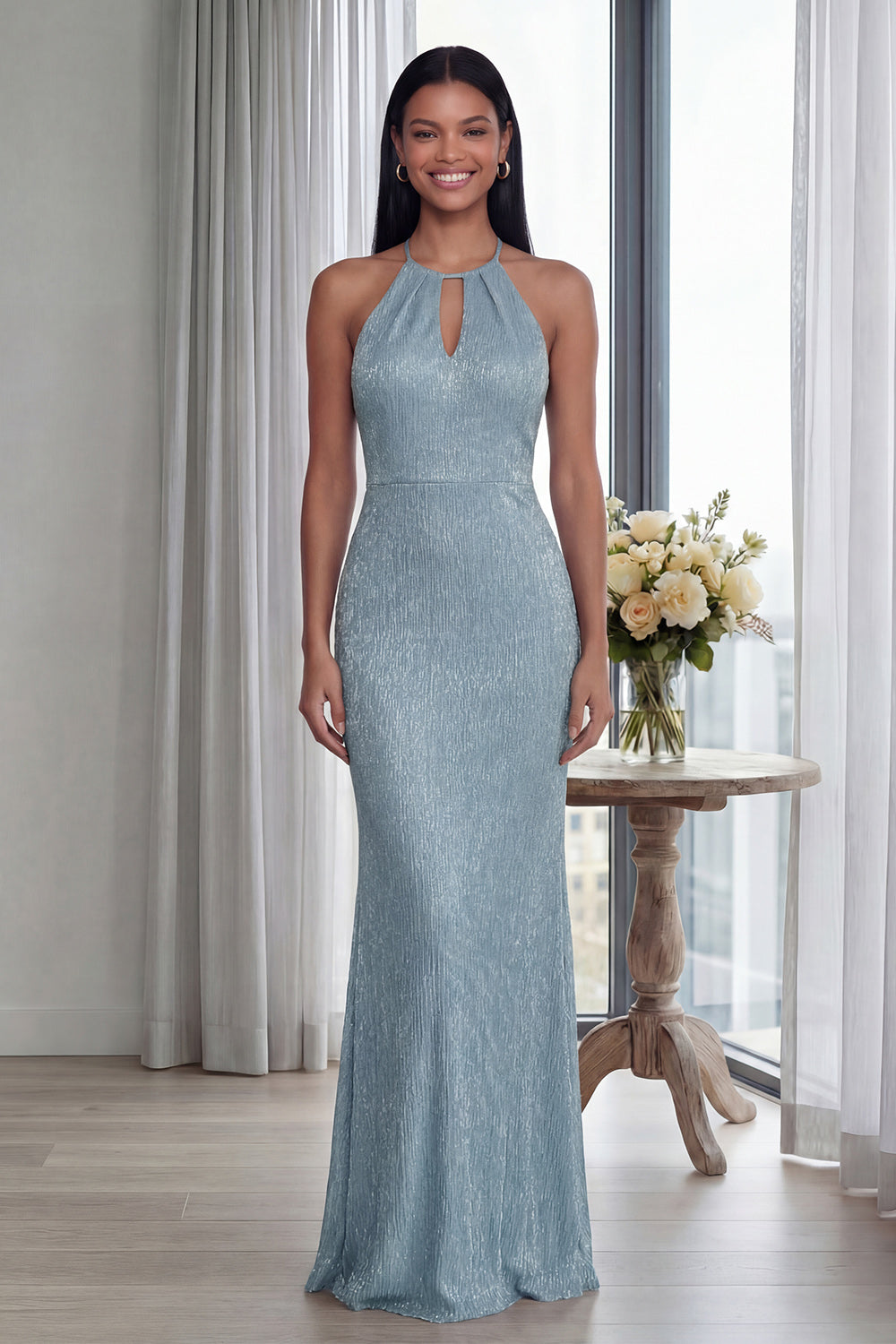 Glitter Sky Blue Keyhole Halter Long Sheath Formal Dress