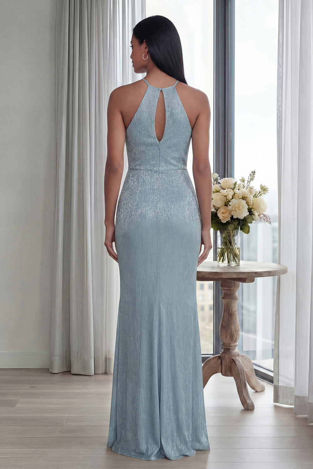 Glitter Sky Blue Keyhole Halter Long Sheath Formal Dress