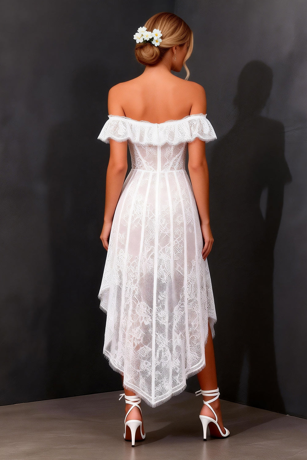 White A Line Off the Shoulder Boho High-Low Corset Bridal Shower Dress