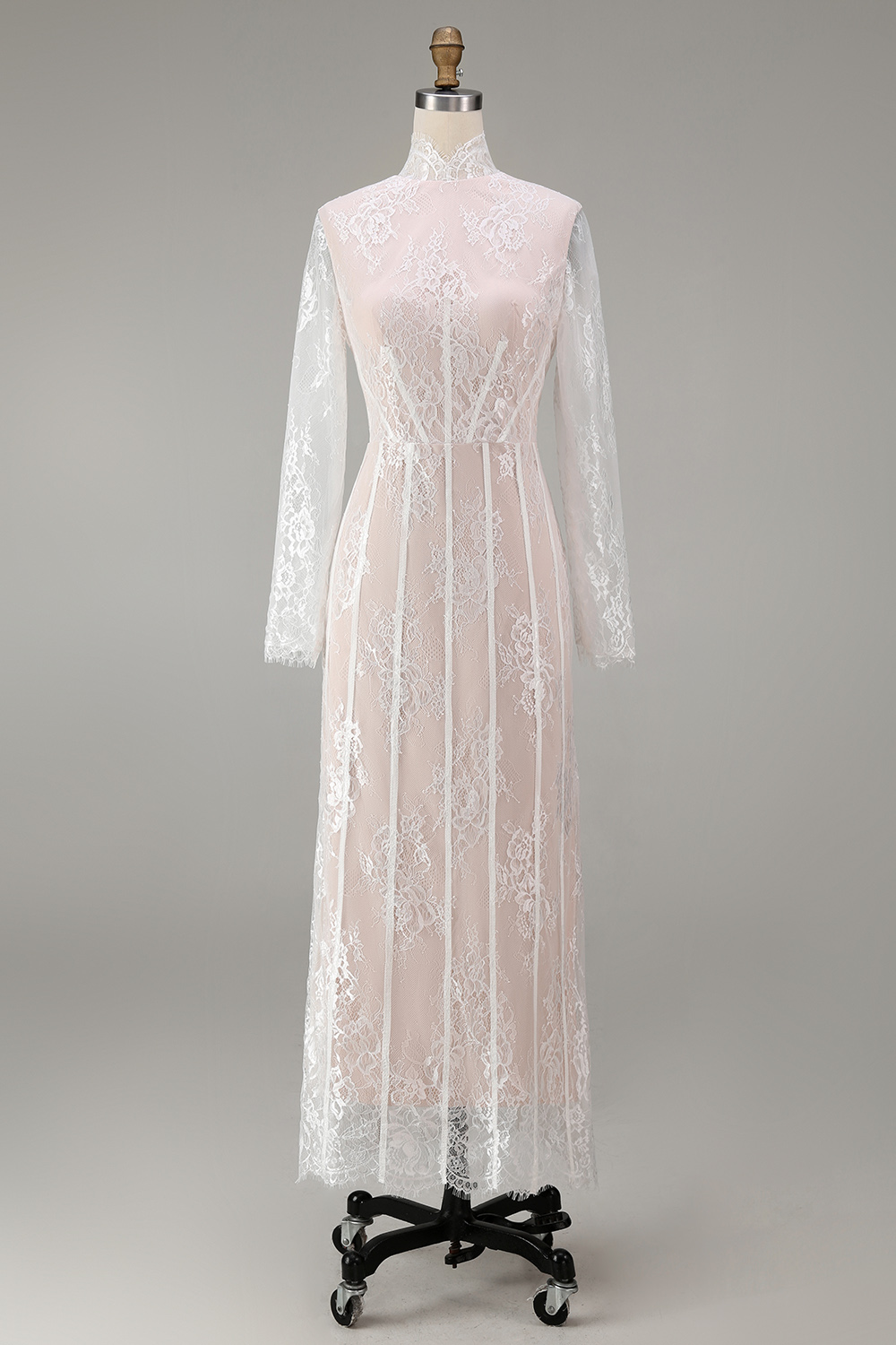 White Lace A Line High Neck Boho Long Sleeves Corset Wedding Reception Dress