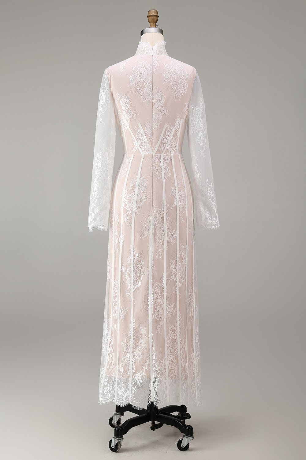 White Lace A Line High Neck Boho Long Sleeves Corset Wedding Reception Dress