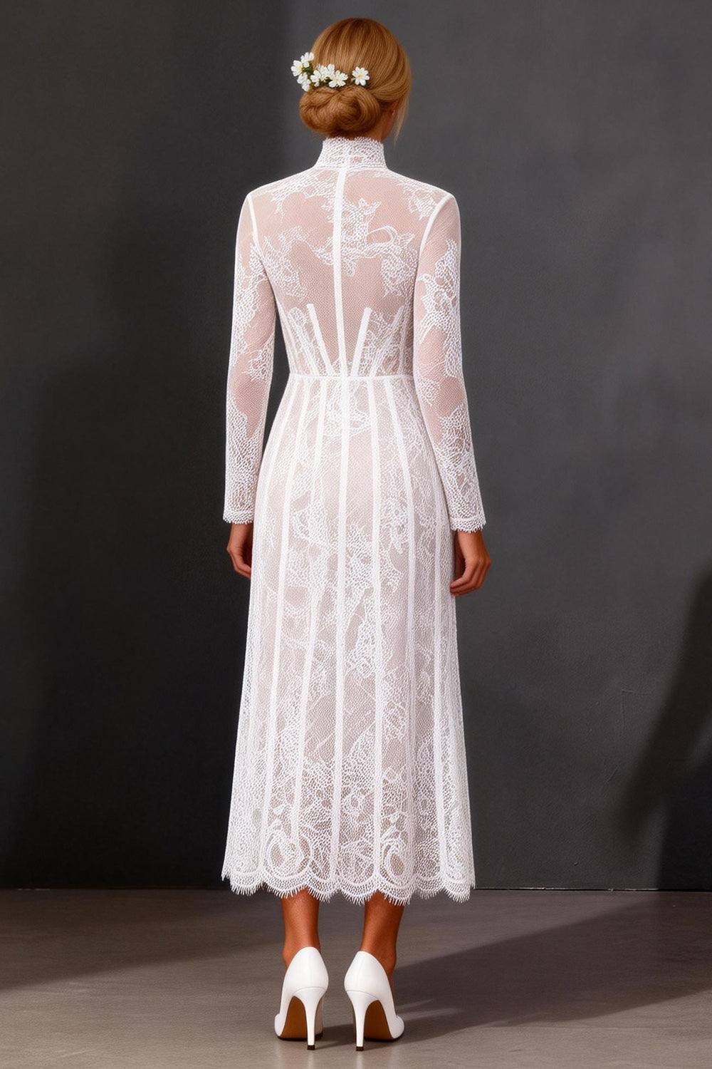 White Lace Corset High Neck A Line Boho Long Sleeves Wedding Reception Dress