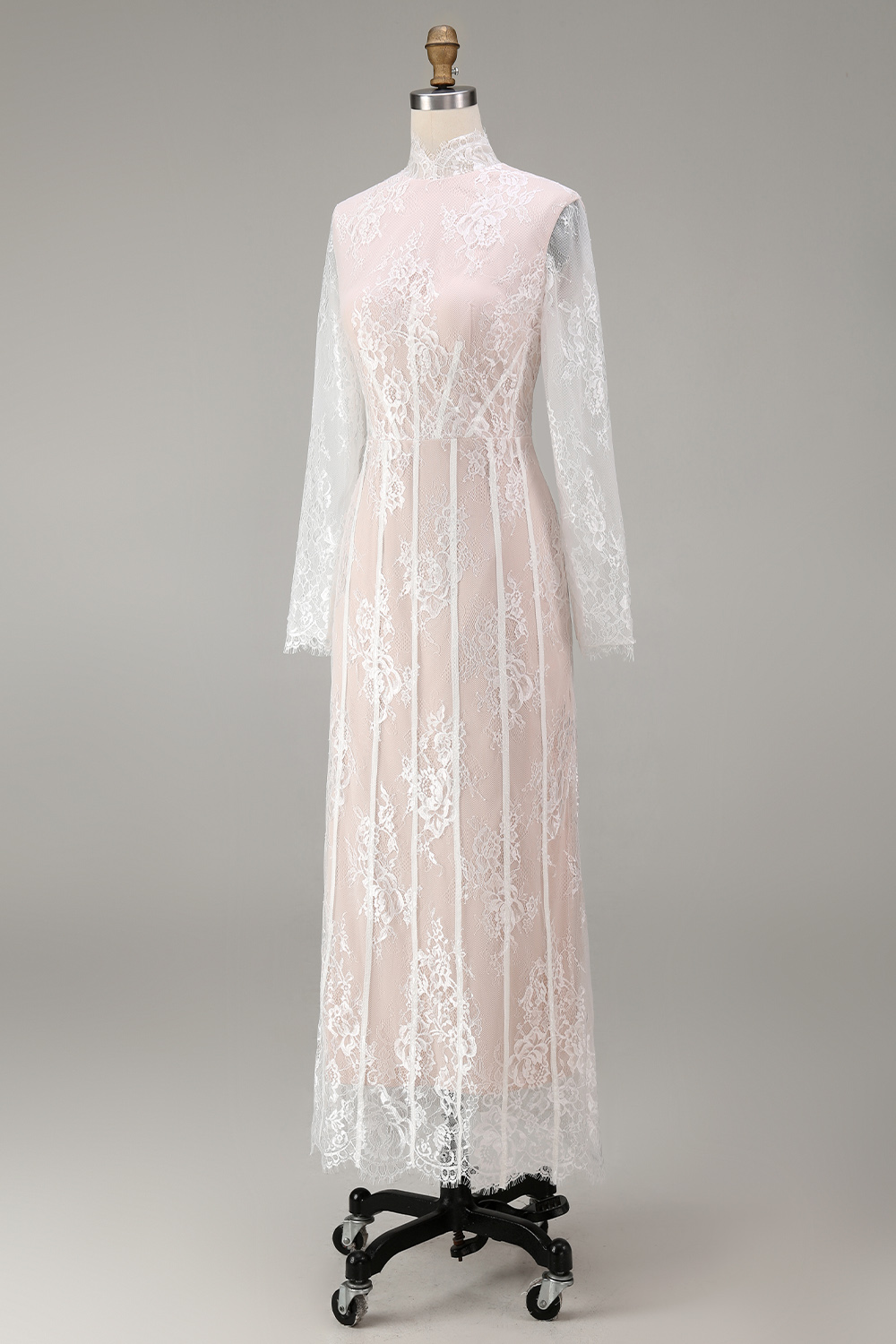 White Lace A Line High Neck Boho Long Sleeves Corset Wedding Reception Dress