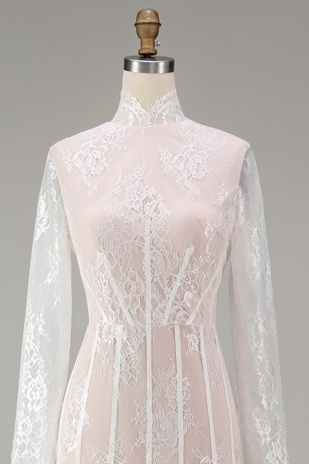 White Lace A Line High Neck Boho Long Sleeves Corset Wedding Reception Dress