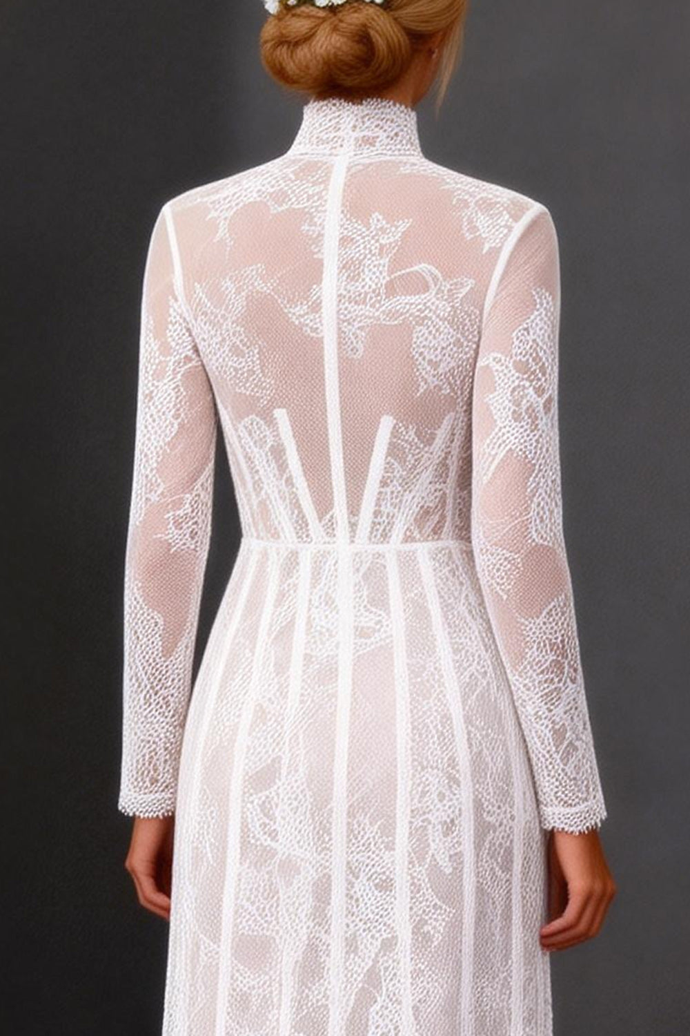 White Lace Corset High Neck A Line Boho Long Sleeves Wedding Reception Dress
