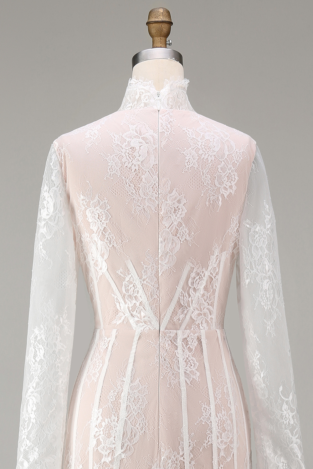 White Lace A Line High Neck Boho Long Sleeves Corset Wedding Reception Dress