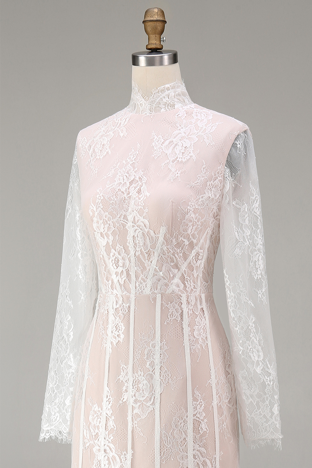 White Lace A Line High Neck Boho Long Sleeves Corset Wedding Reception Dress