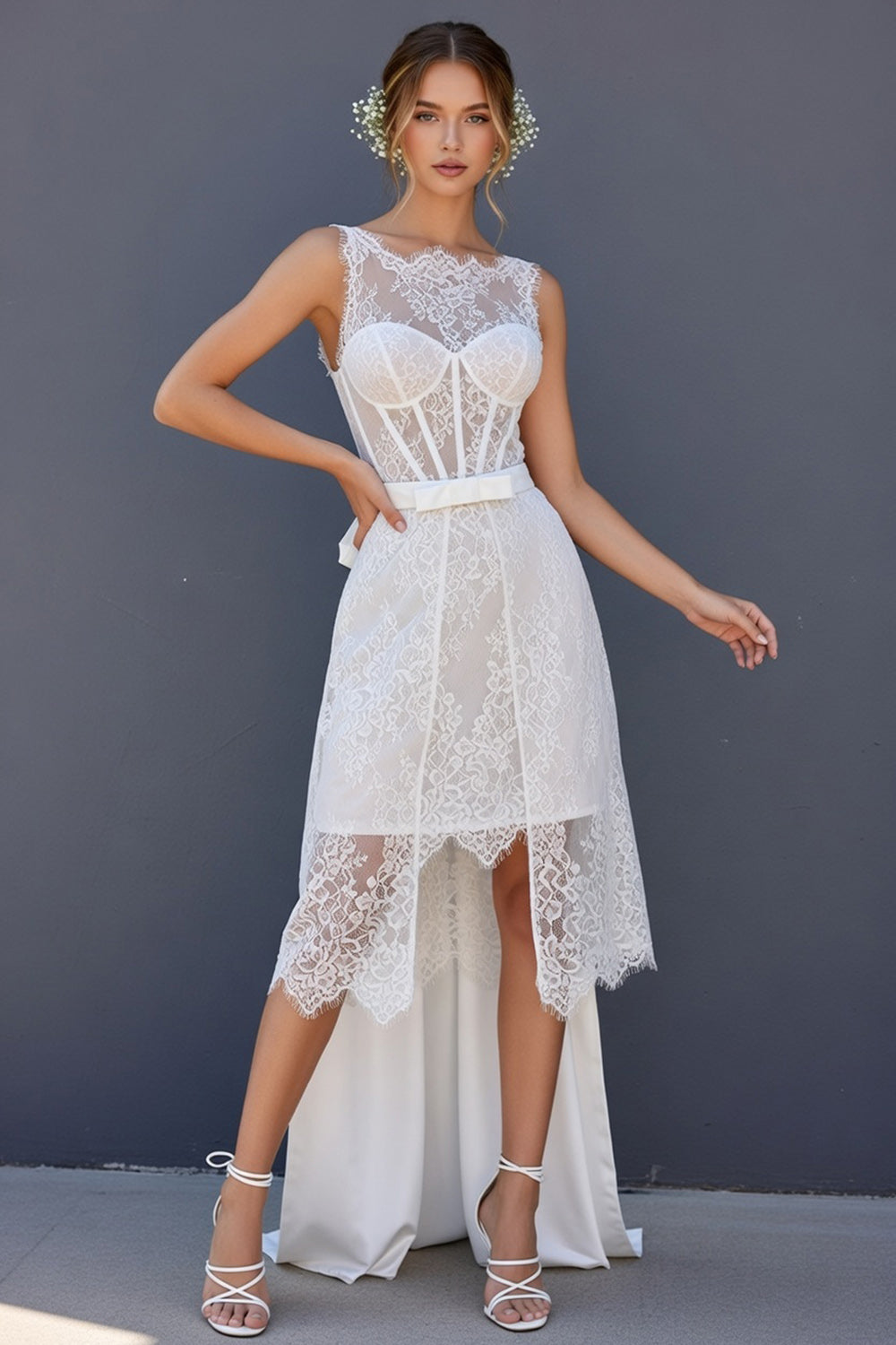 White Boat Neck Boho Corset A Line High Low Wedding Reception Dress with Cape