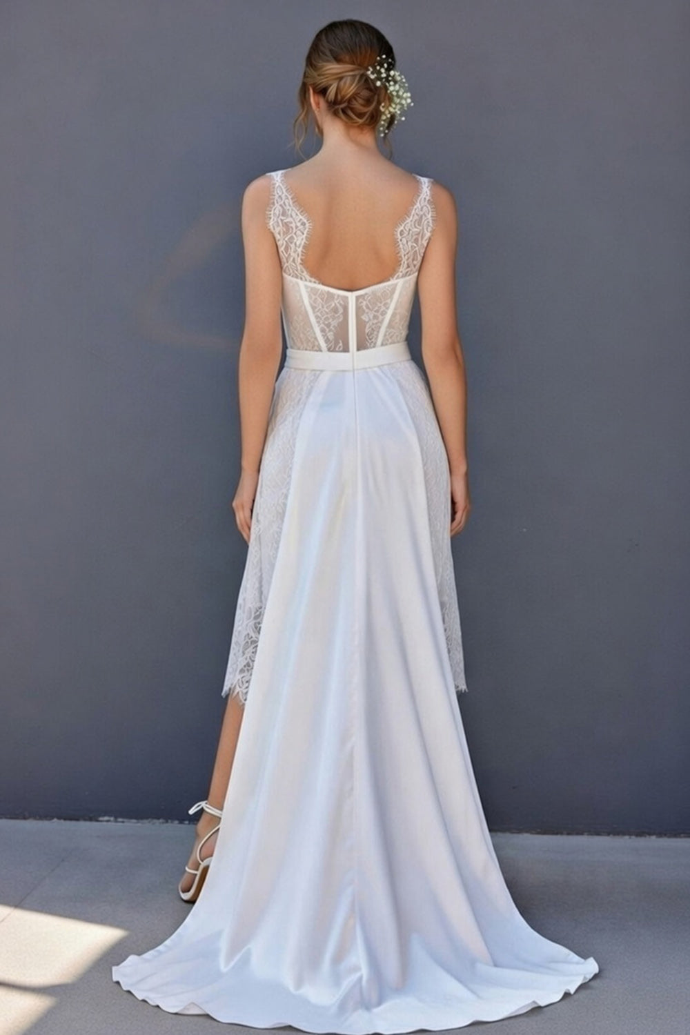 White Boat Neck Boho Corset A Line High Low Wedding Reception Dress with Cape