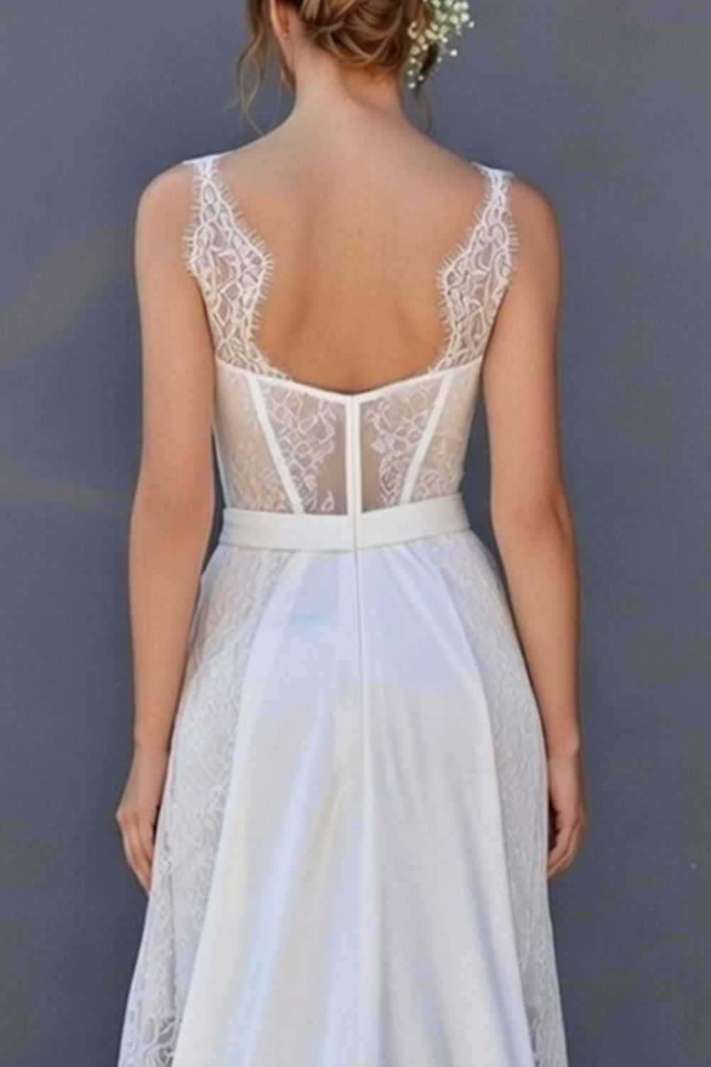 White Boat Neck Boho Corset A Line High Low Wedding Reception Dress with Cape