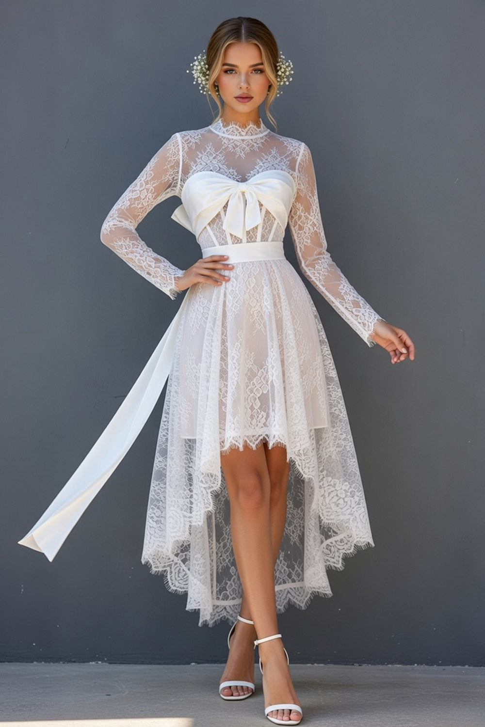 White Lace Long Sleeves Open Back Corset High-Low Boho Bridal Shower Dress with Bow