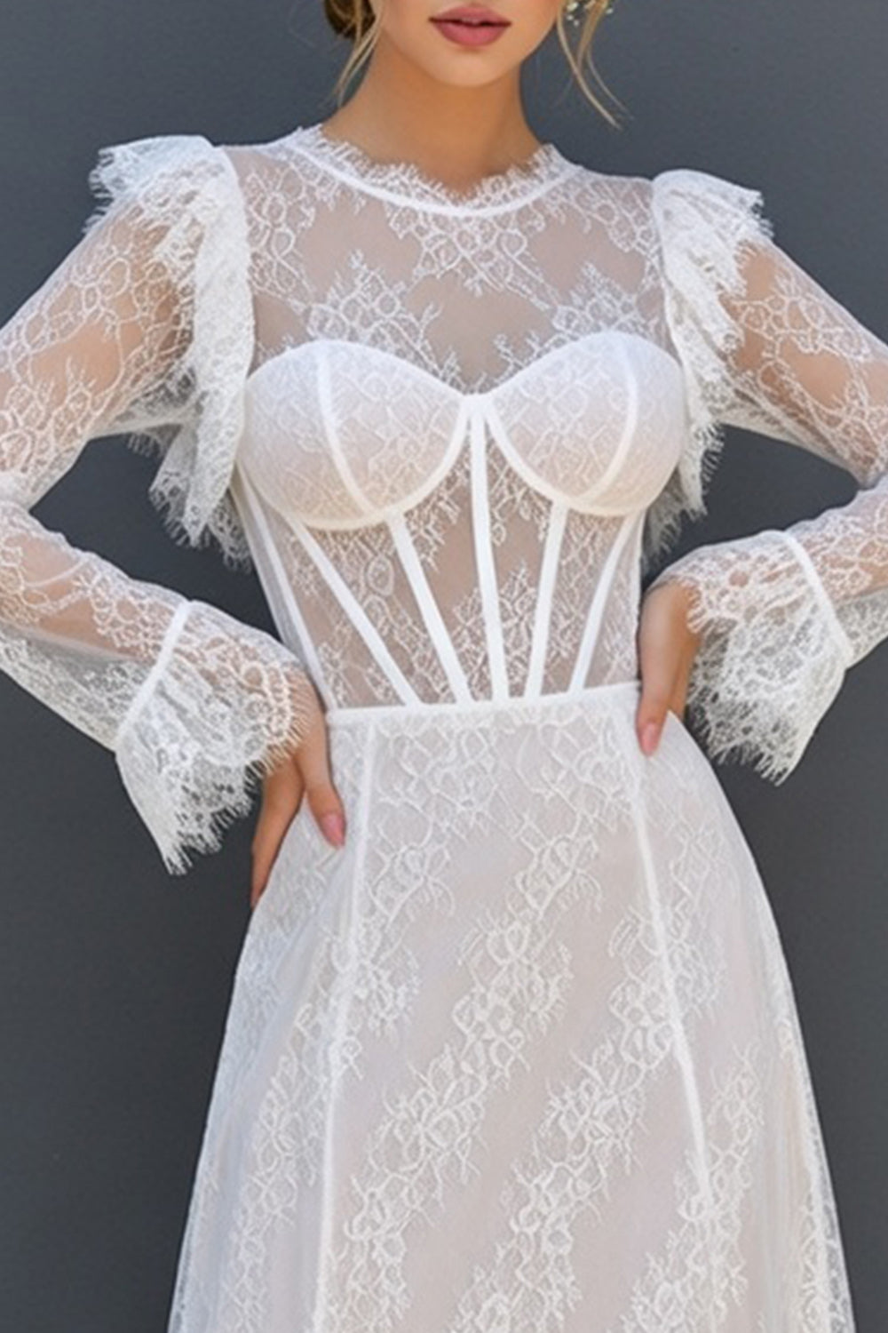 White A Line Ruffled Sleeves Round Neck Boho Maxi Corset Wedding Reception Dress