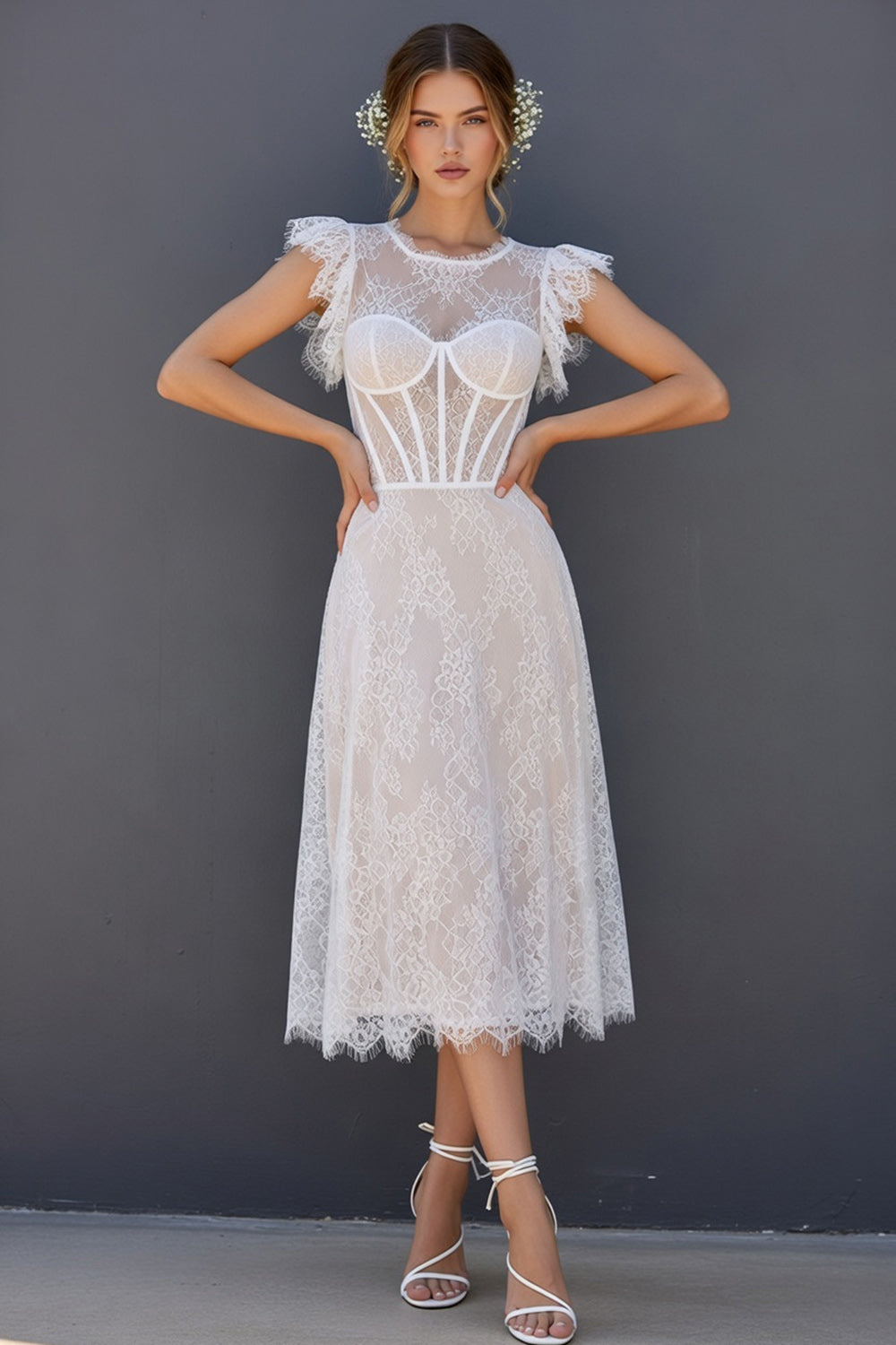 White A Line Round Neck Maxi Corset Boho Wedding Reception Dress with Ruffles