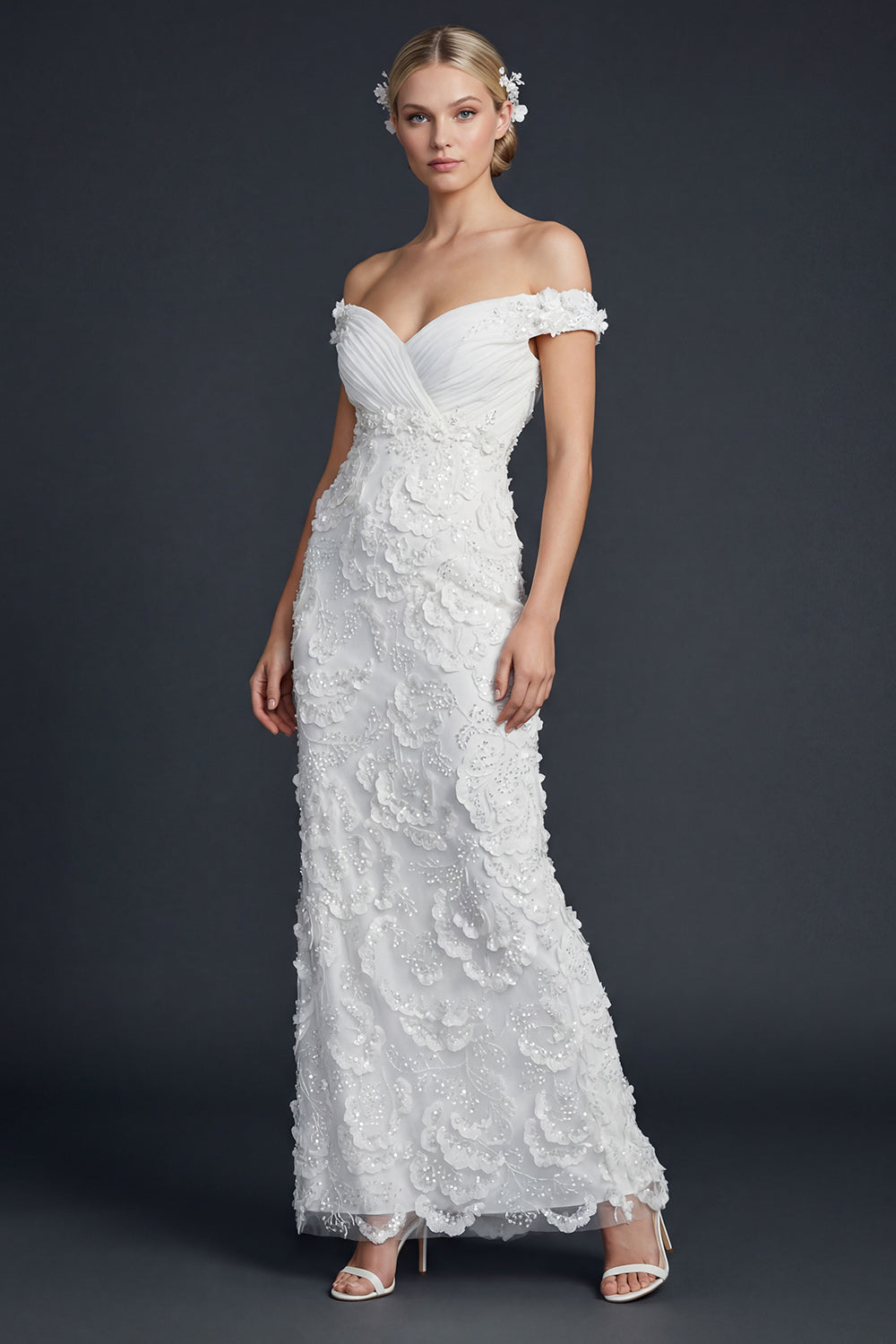 Sparkly White Off the Shoulder Appliqued Maxi Mermaid Wedding Reception Dress