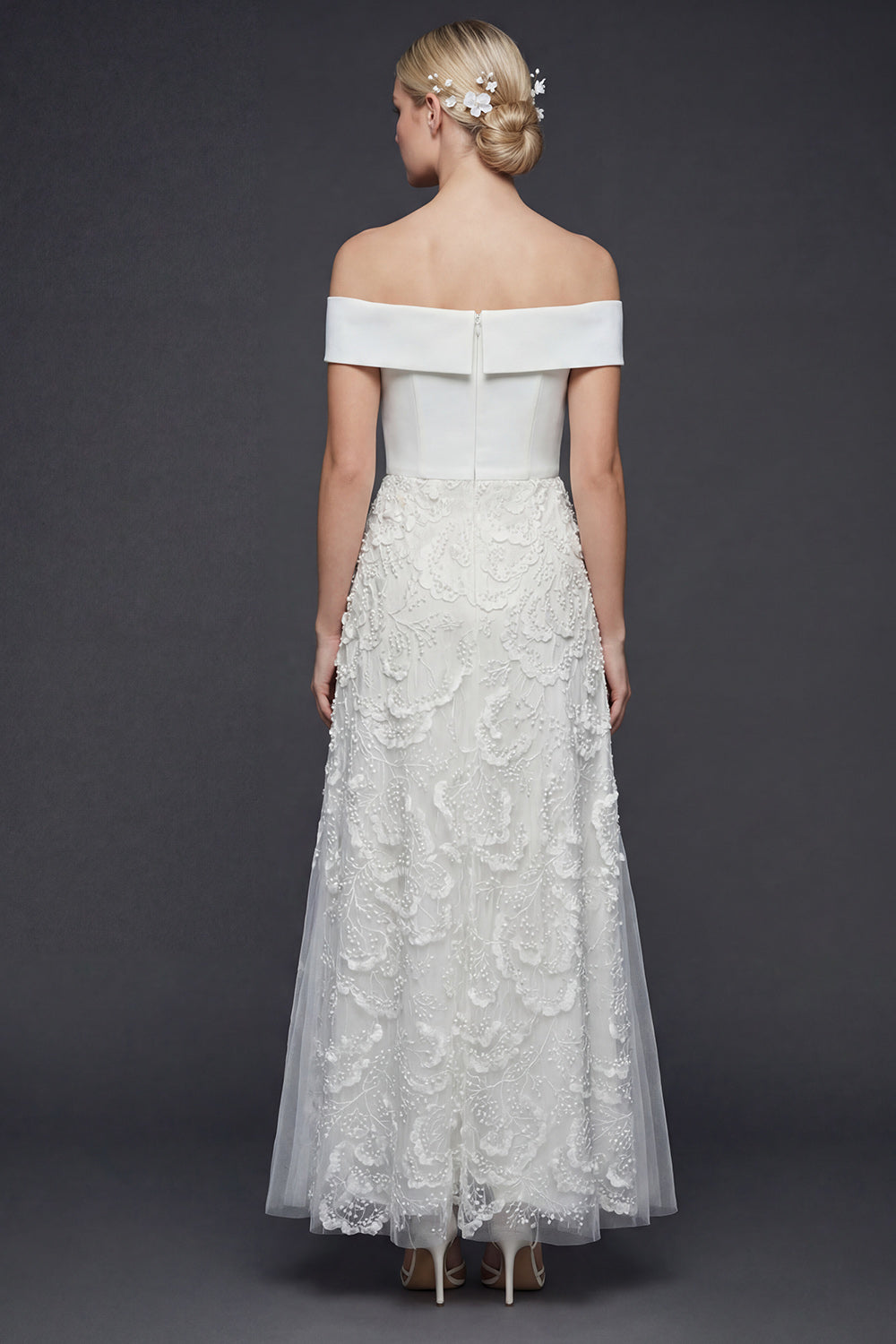 White A Line Floral Off the Shoulder Maxi Boho Wedding Reception Dress with Appliques