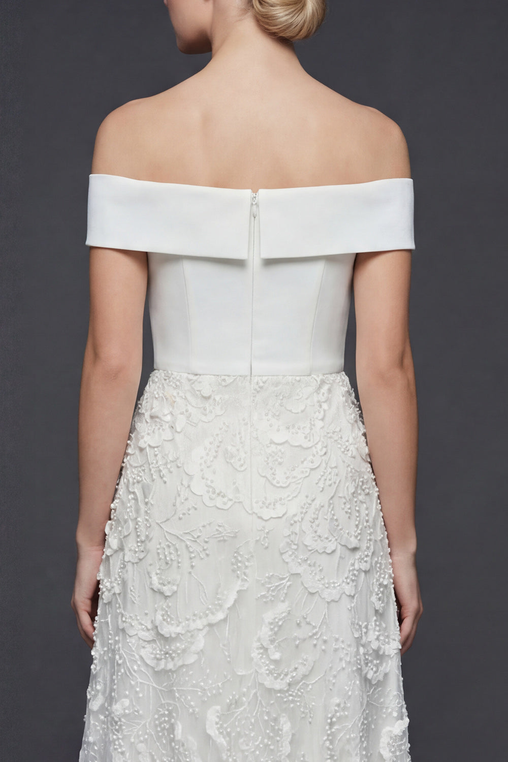 White A Line Floral Off the Shoulder Maxi Boho Wedding Reception Dress with Appliques