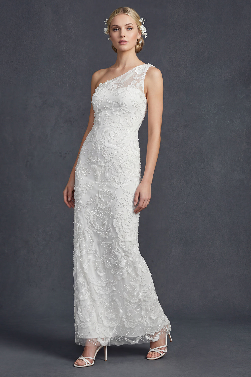 Sparkly White One Shoulder Beaded Floral Maxi Mermiad Boho Wedding Reception Dress with Appliques