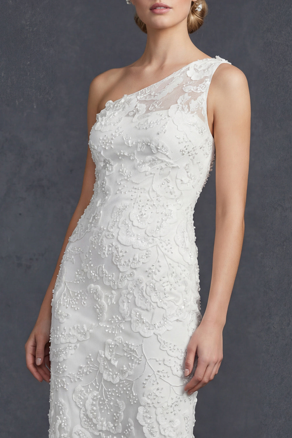 Sparkly White One Shoulder Beaded Floral Maxi Mermiad Boho Wedding Reception Dress with Appliques