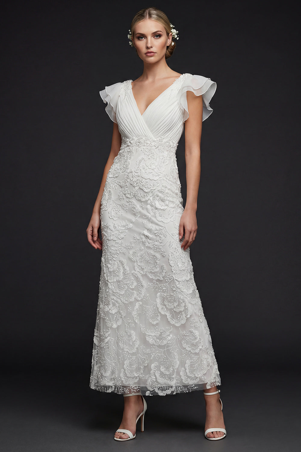 Sparkly White Floral V Neck Appliqued Beaded Maxi Wedding Reception Dress with Ruffles