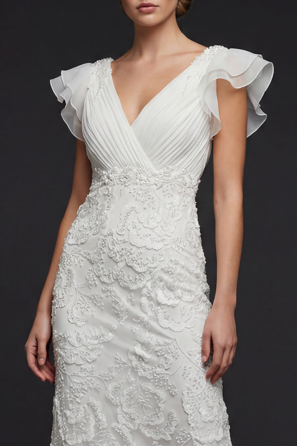 Sparkly White Floral V Neck Appliqued Beaded Maxi Wedding Reception Dress with Ruffles