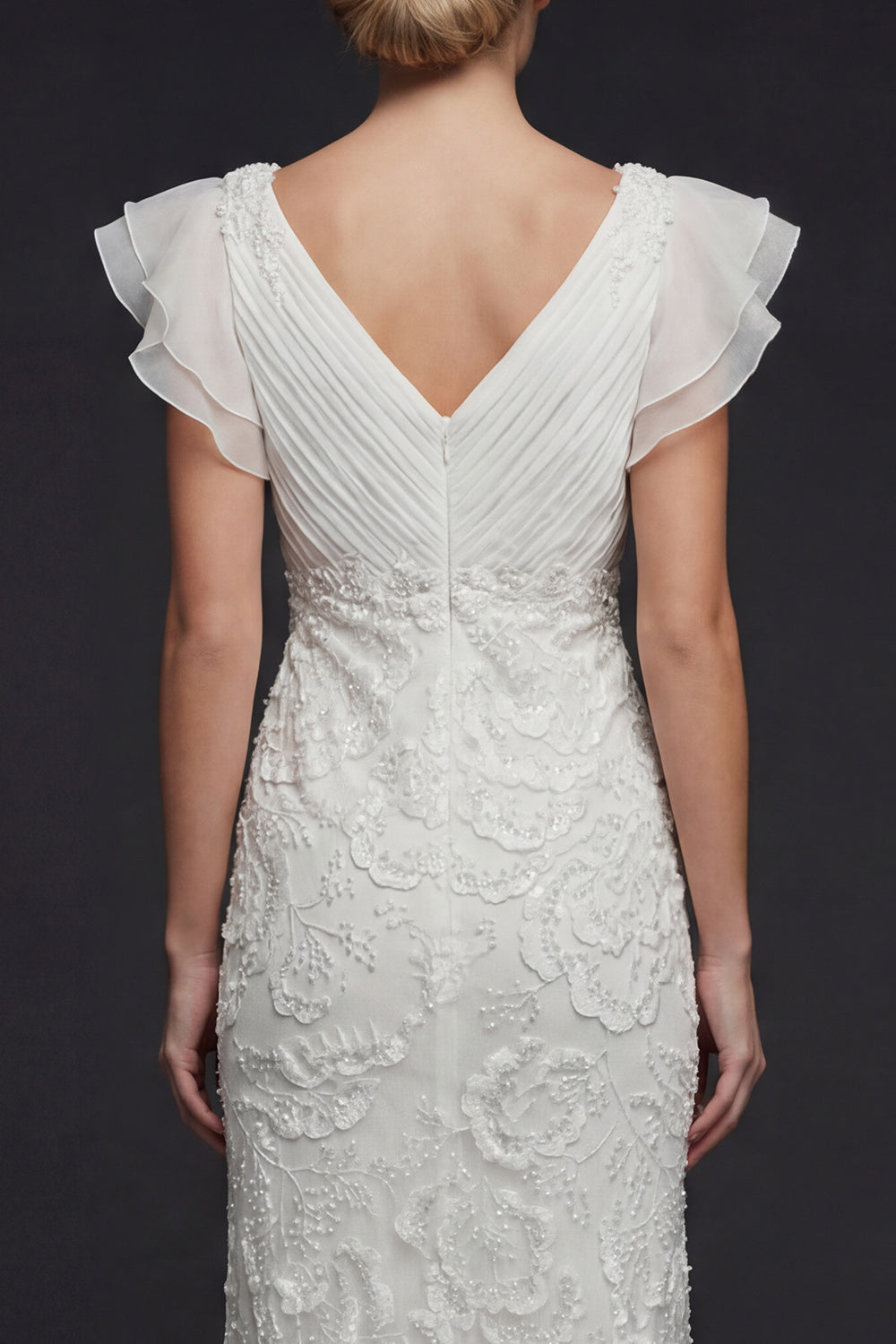 Sparkly White Floral V Neck Appliqued Beaded Maxi Wedding Reception Dress with Ruffles