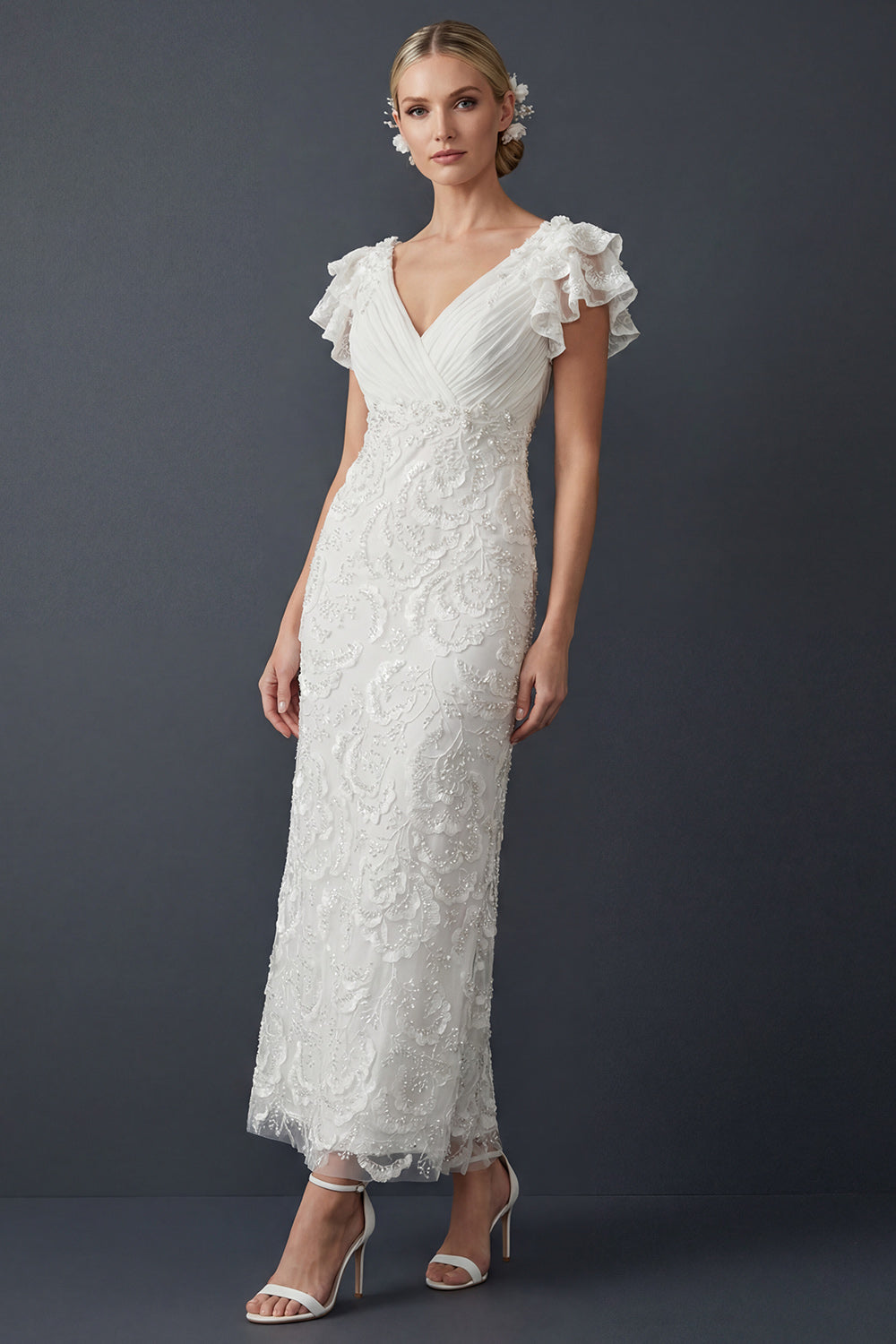 Sparkly White Sheath Maxi Beaded V Neck Boho Ruffled Wedding Reception Dress