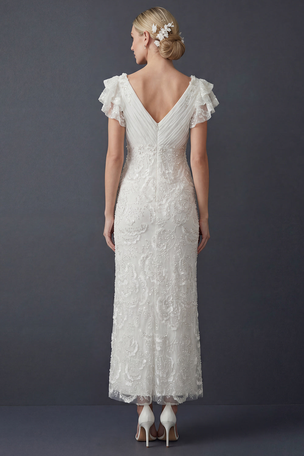 Sparkly White Sheath Maxi Beaded V Neck Boho Ruffled Wedding Reception Dress