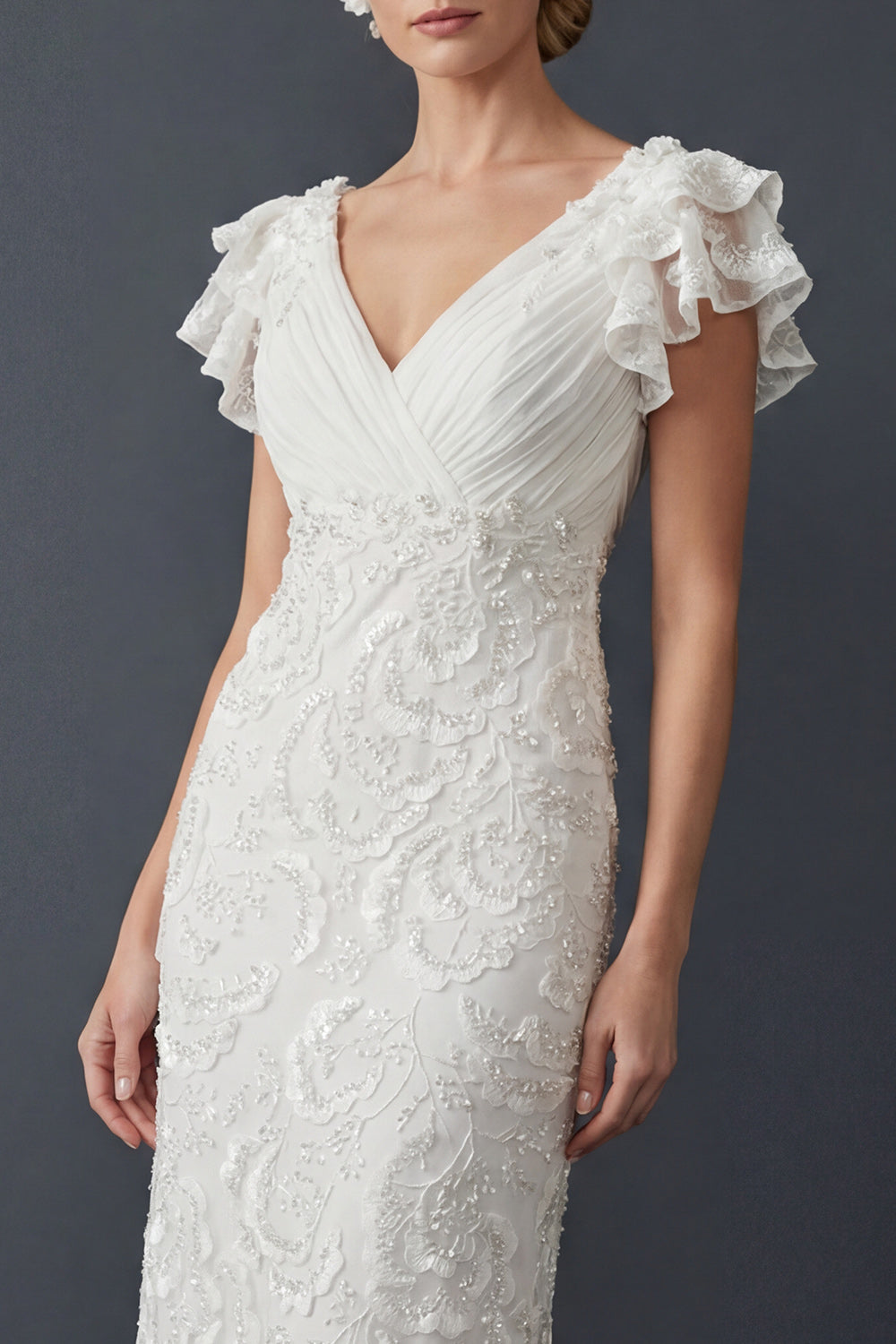 Sparkly White Sheath Maxi Beaded V Neck Boho Ruffled Wedding Reception Dress