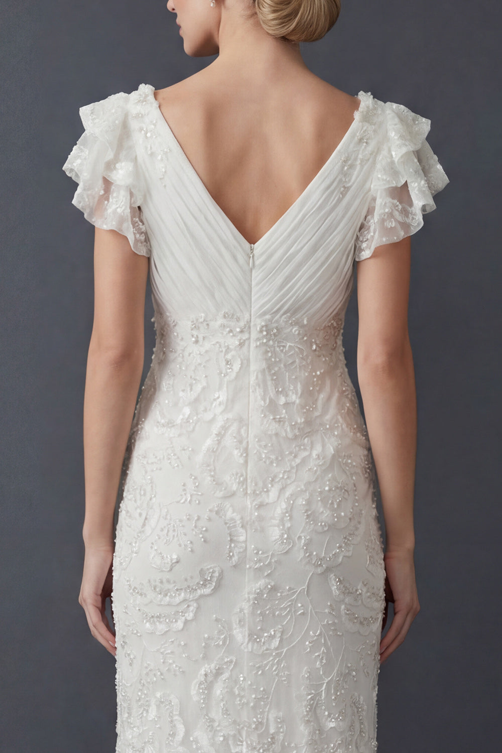 Sparkly White Sheath Maxi Beaded V Neck Boho Ruffled Wedding Reception Dress