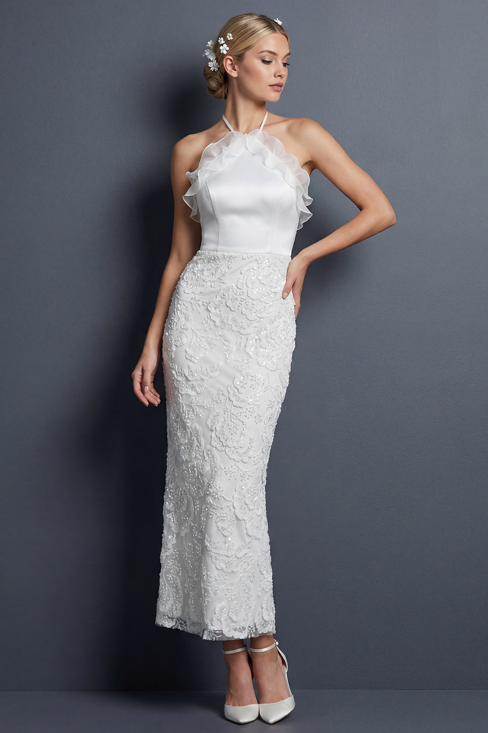 Sparkly White Halter Mermaid Appliqued Ruffled Maxi Boho Wedding Reception Dress