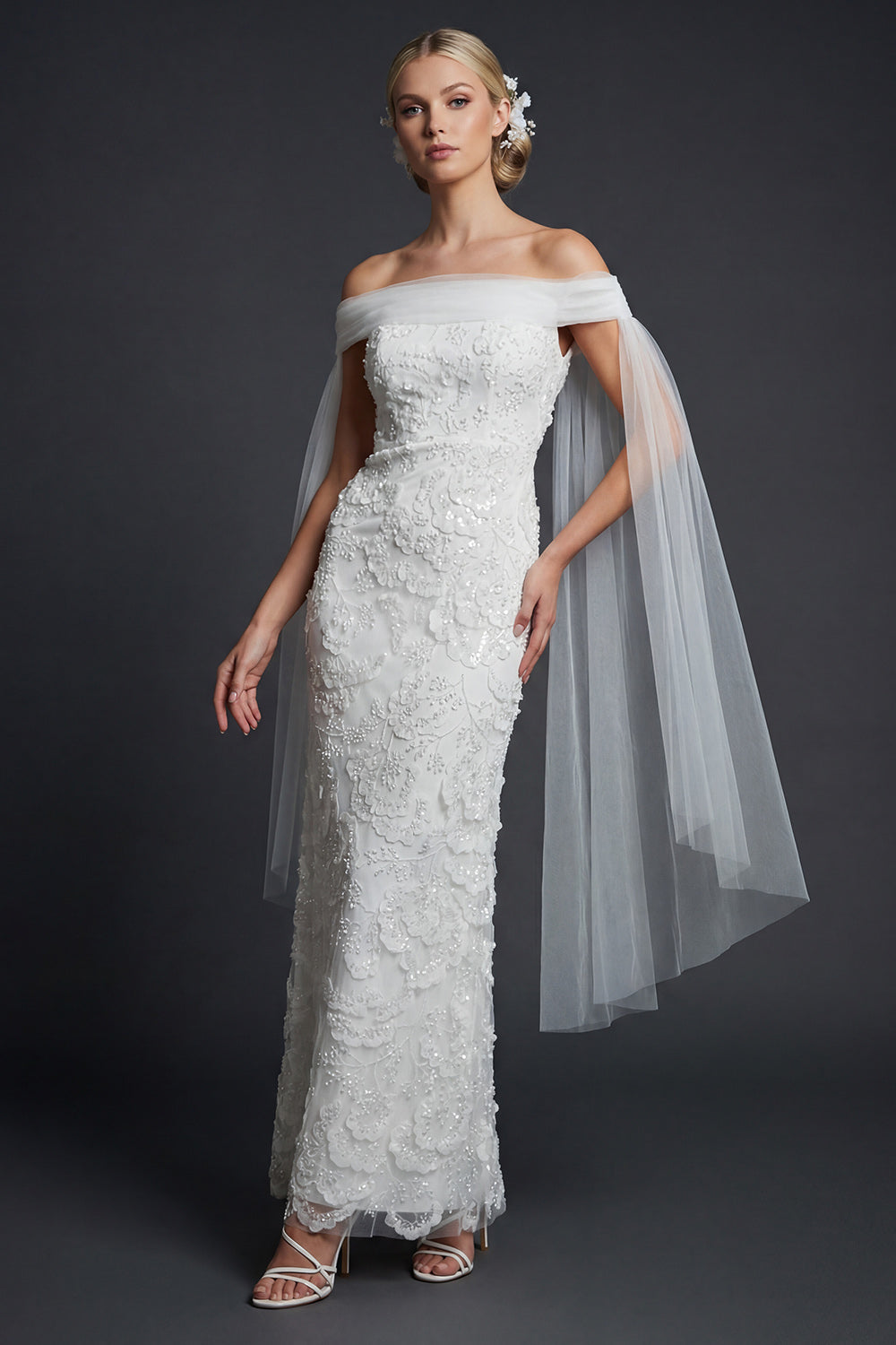 Sparkly White Beaded Off the Shoulder Mermaid Floral Boho Maxi Wedding Reception Dress