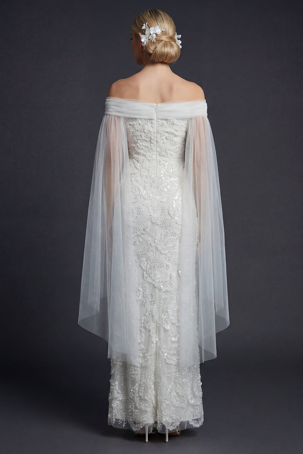 Sparkly White Beaded Off the Shoulder Mermaid Floral Boho Maxi Wedding Reception Dress