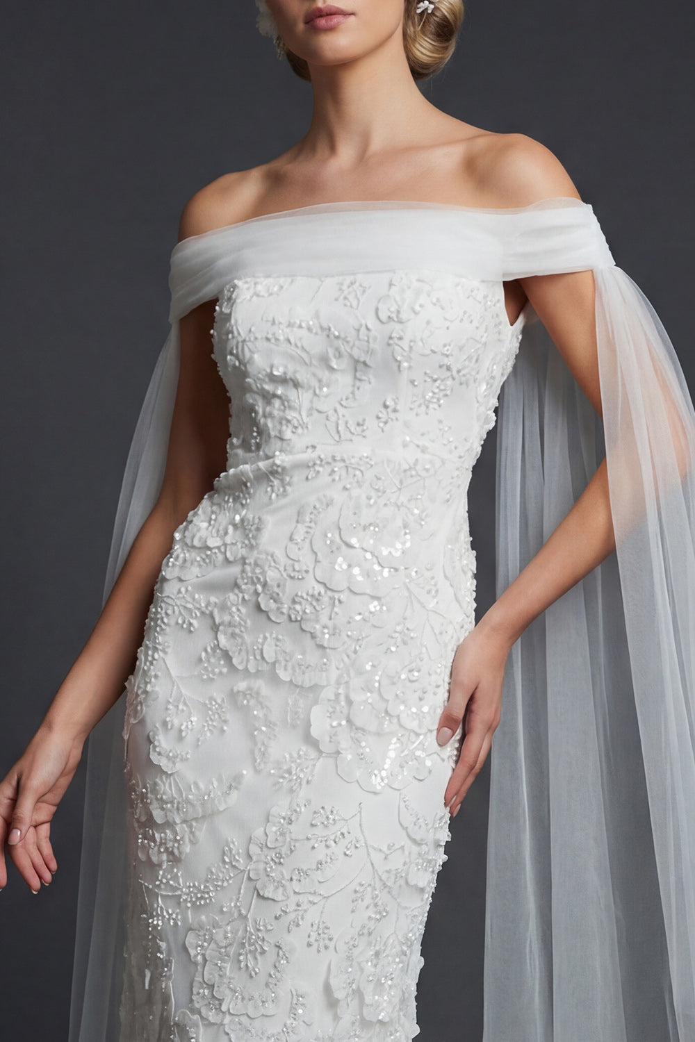 Sparkly White Beaded Off the Shoulder Mermaid Floral Boho Maxi Wedding Reception Dress