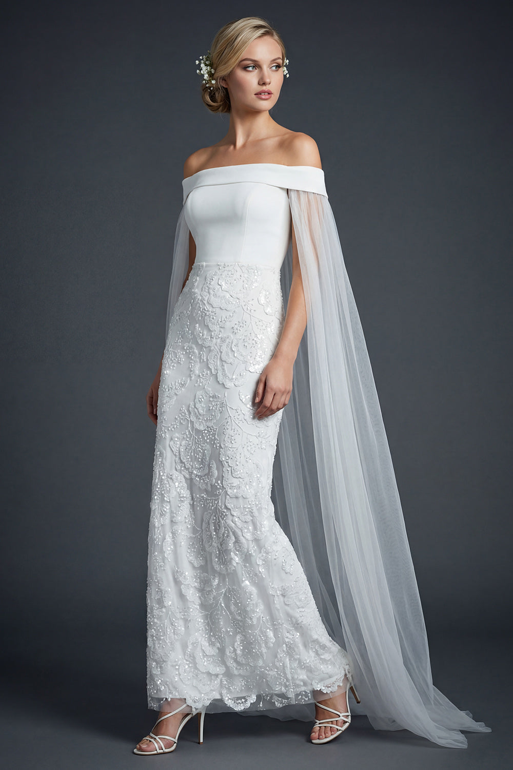 Sparkly White Off the Shoulder Beaded Mermaid Floral Boho Maxi Wedding Reception Dress with Cape