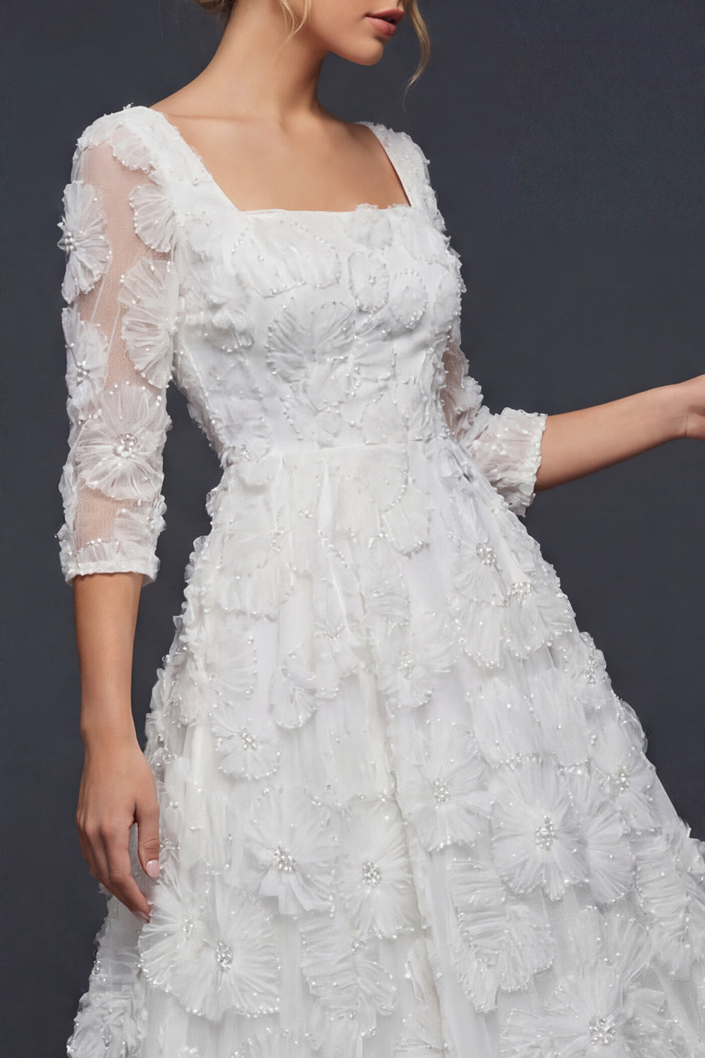 Sparkly White Beaded Floral Square Neck Maxi Boho Wedding Reception Dress