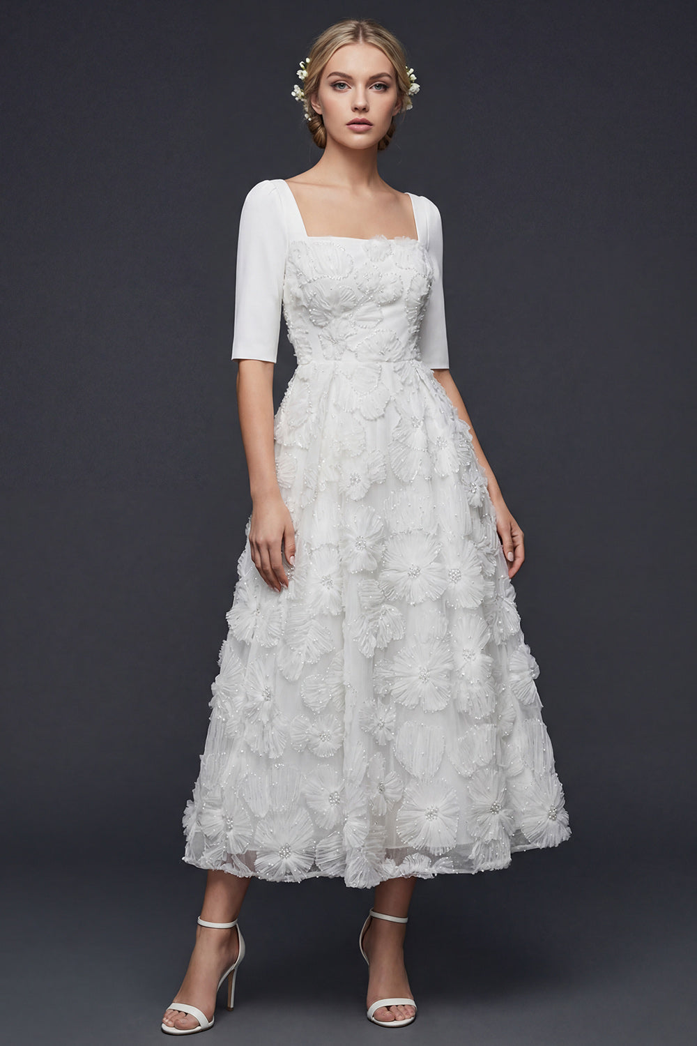 Sparkly White Beaded Floral A Line Half Sleeves Maxi Wedding Reception Dress