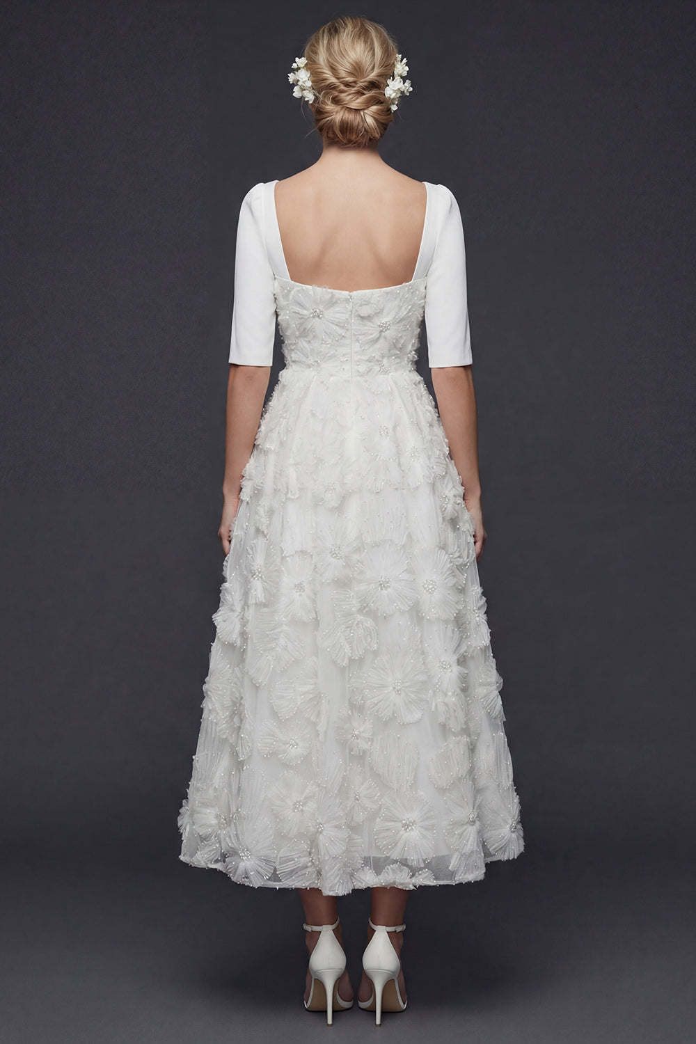 Sparkly White Beaded Floral A Line Half Sleeves Maxi Wedding Reception Dress