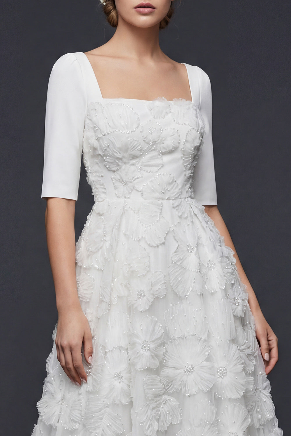 Sparkly White Beaded Floral A Line Half Sleeves Maxi Wedding Reception Dress