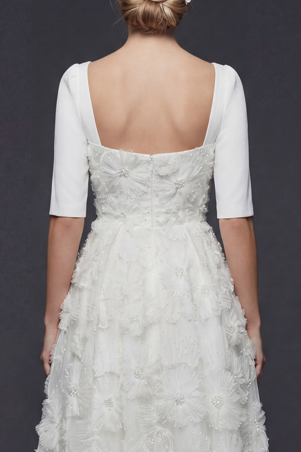 Sparkly White Beaded Floral A Line Half Sleeves Maxi Wedding Reception Dress