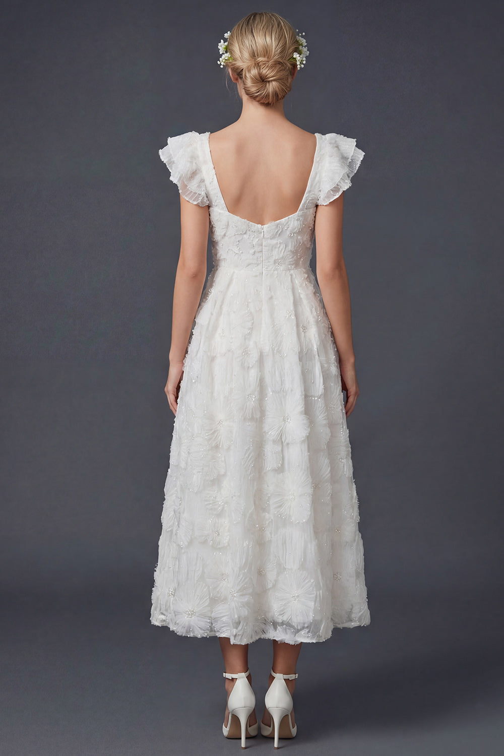 Sparkly White Beaded Ruffled Floral Boho Maxi Wedding Reception Dress